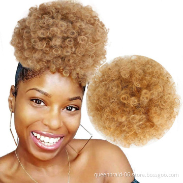 Drawstring Ponytail Kinky Curly Human Hair Short Afro Kinky Wig Updo Hair Extension Puff Bun Ponytail Clip on Hair Extensions